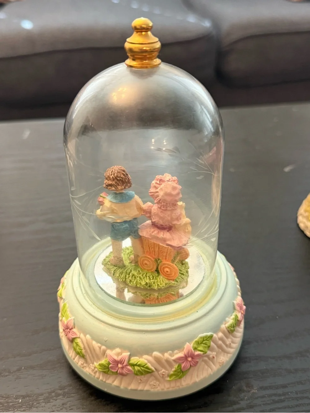 Glass Dome Cloche Couple Figurine Painted Floral Base Multicolor Romantic